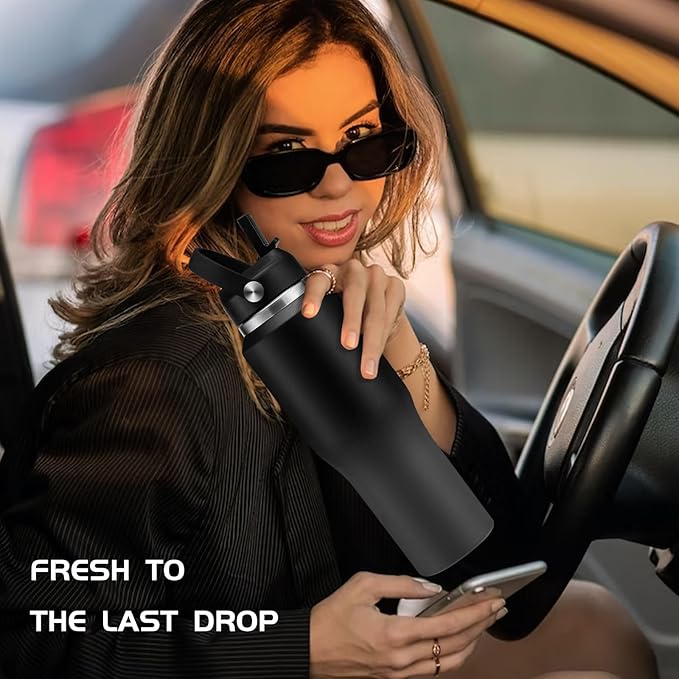 Metal Water Bottle fits-in Cup Holder 32oz, Stainless Steel Vacuum Flask with Straw & Pop-up Chug Lid, Leak Proof Wide Mouth Thermo Keep Cold-48h & Hot-24 for Women Men