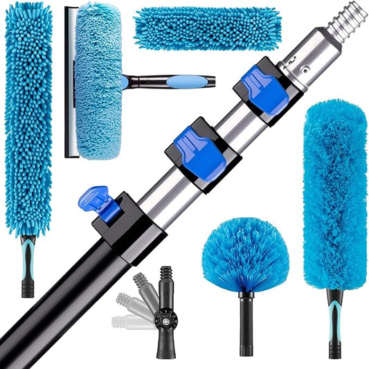 20FT High Reach Duster Cleaning Kit with 5-12 FTExtension Pole, High Ceiling Fan Cleaner Duster Tool for Fan Blades, Extendable Reusable Cobweb, Feather, Window Cleaning Squeegee Kit (12FT)