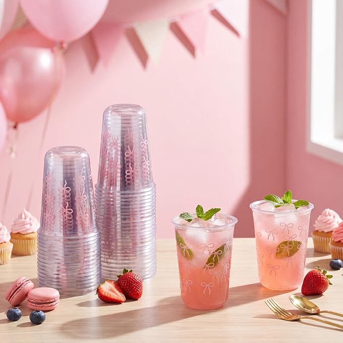 Ziliny 50 Pcs 16oz Pink Wavy Bow Cups Birthday Party Decorations Supplies Disposable Plastic Cups for Bachelorette Party Valentines Galentines Day Christmas Wedding Baby Shower
