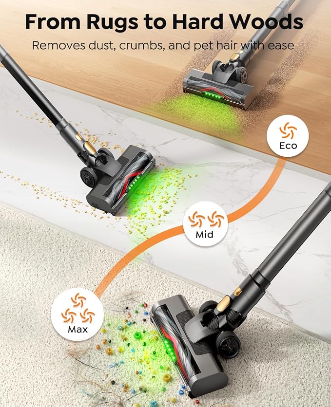 Cordless Vacuum Cleaner, 550W 45KPa 50Mins Vacuum Cleaners for Home, Powerful Stick Vacuum with Green LED Lights, Self-Standing & Anti-Tangle, Lightweight Vacuum for Pet Hair/Carpet/Hard Floor