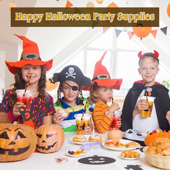 Yaomiao 300 Pcs 12 oz Halloween Plastic Party Cups with Lids and Straw Happy Halloween Plastic Cup Halloween Disposable Clear Cups Whiskey Party Cups Black Pumpkin Witch Drinking Set for Party Supply