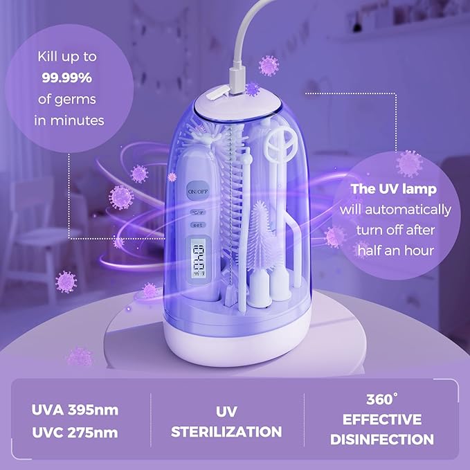 Electric Bottle Brush Cleaner,Rechargable Electric Baby Bottle Brush Cleaner with Thermometer,Silicone Bottle/Nipple/Straw Brush,Drying Rack,Travel Bottle Cleaner Kit for New Moms (Violet)