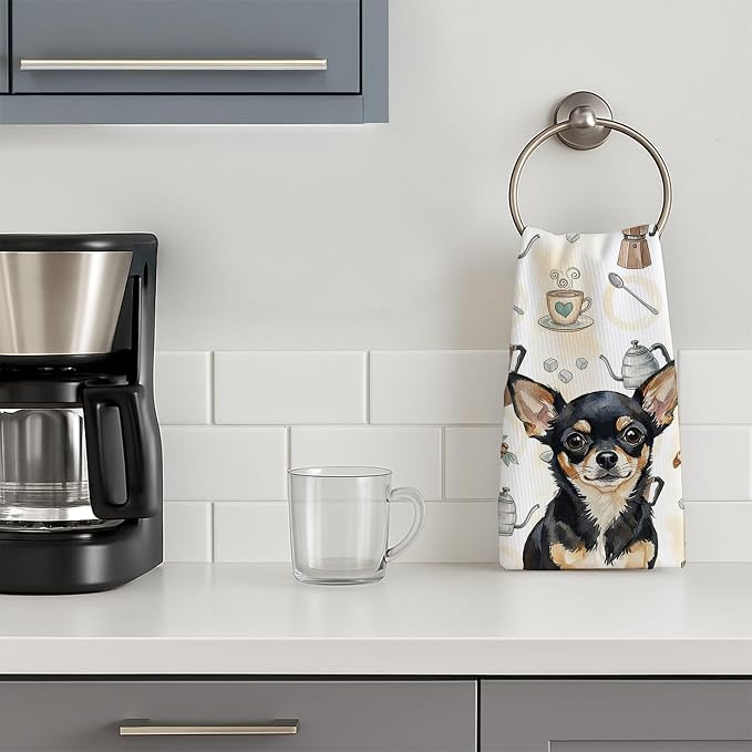 Caroline's Treasures Black and Tan Chihuahua Coffee Bar Kitchen Towel Velour Plush Front and Cotton Loop Back Machine Washable