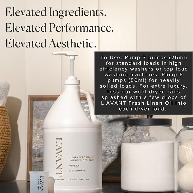 L'AVANT Collective Luxury Laundry Detergent | Bulk 1 Gallon | Fresh Linen | Natural Non-Toxic Liquid Laundry Soap with Enzymes | Plant-Based, 5x Concentrated, HE Compatible | 128 oz