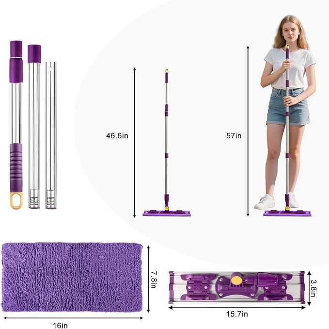 ITTAR Microfiber Floor Mop with 5 Reusable Cloth Pads, Professional Dust Mops with 57" Stainsless Steel Telescopic Handle, Wet Dry Flat Mop for Cleaning Hardwood Floor, Laminate, Tile, Vinyl, Pet Hair