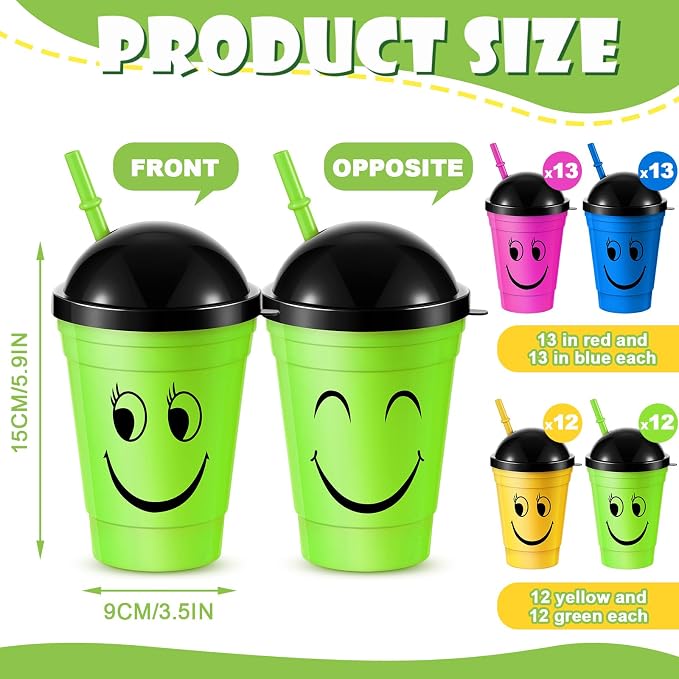 Bokon 50 Pack Smile Face Sipper Cups with Lids and Straws for Kids 12 oz Reusable Plastic Kids Cups with Lids for School Events Birthday Party Supplies, 4 Random Colors