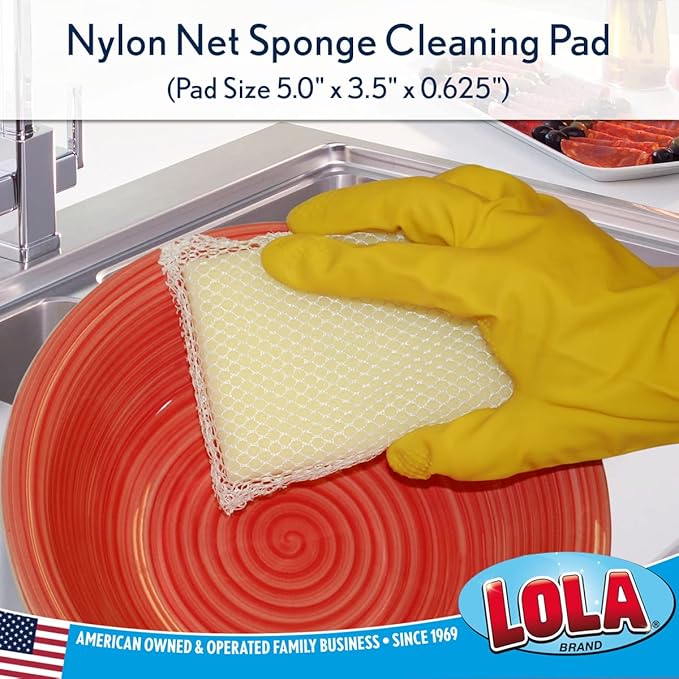 LOLA Nylon Net Sponge Cleaning Pad, Non Scratch Scrubbers, Safe on Non-Stick Surfaces & Coated Cookware & Dishes - Gentle Effective Cleaning, 1 Count