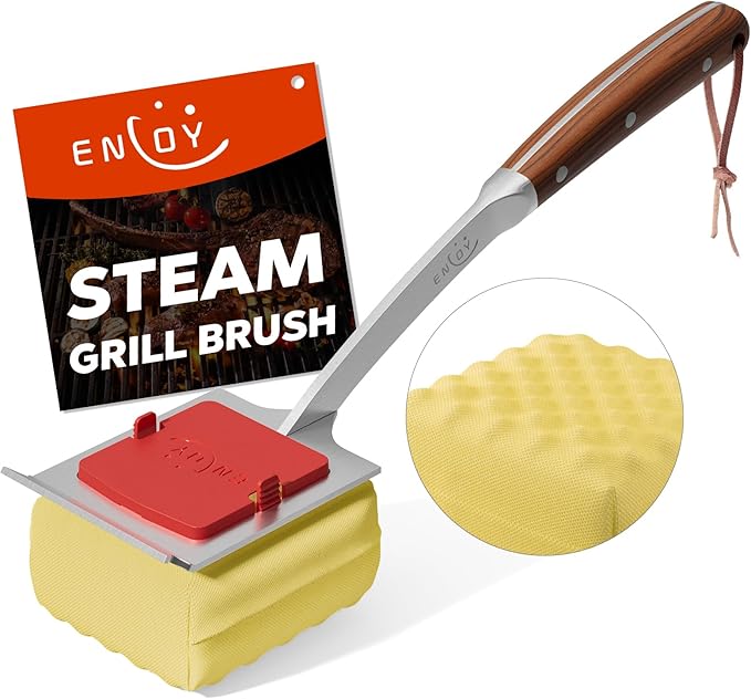 ENLOY Grill Brush for Outdoor Grill, Bristle Free Steam Grill Brush with Scraper, Replaceable Head, Safe Steam Cleaning 17'' Long Handle Grilling Accessories for Most Grills, Gifts for Men Dad Husband