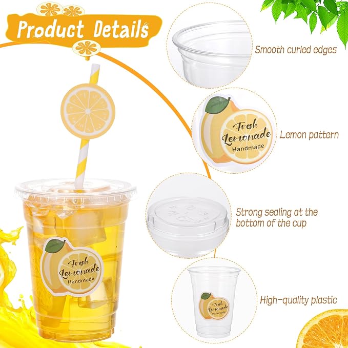 100Pcs Lemon Disposable Plastic Cups with Lids and Straws, 12Oz Party Cups Lemon Cold Beverage Drinking Cups with Stickers for lemonade Stand Supplies Summer Iced Coffee Smoothie Juice Tea