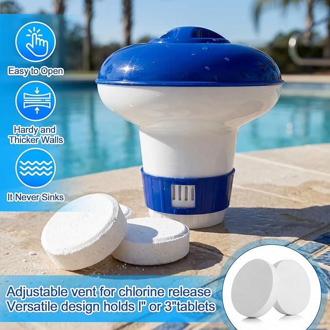 Potchen 4 Pcs Pool Cleaning Kit for Above Ground, Includes Vacuum Head, Brush Head, Mesh Skimmer Net and Pool Chlorine Floater, Perfect for Spa Hot Tub Walls Floors Maintenance(Round Corner)