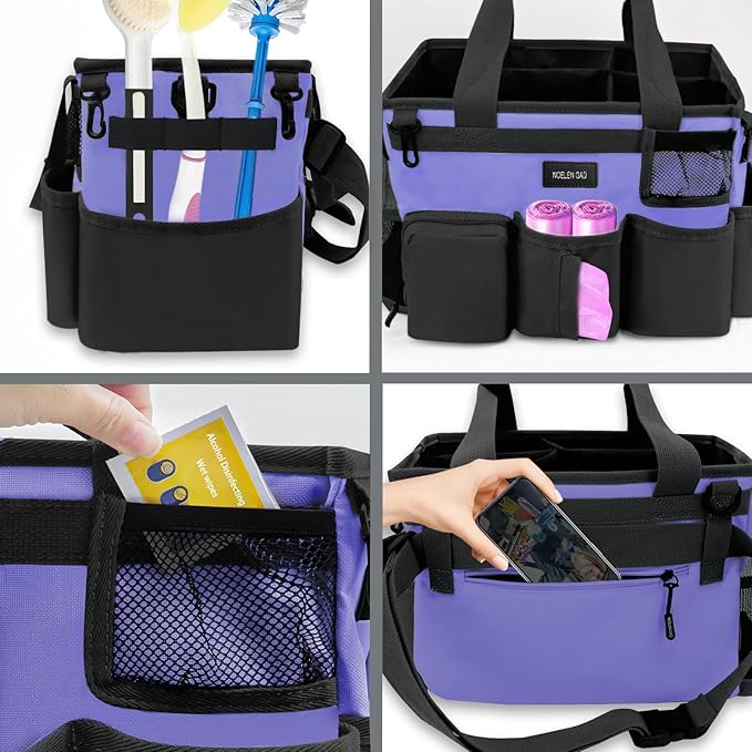 Wearable Cleaning Caddy Bag,Cleaning Supply Tote for Cleaning Supplies, Cleaning Organizer with Adjustable Shoulder and Waist Straps for Cleaners & Housekeepers (Purple and Black, Large)