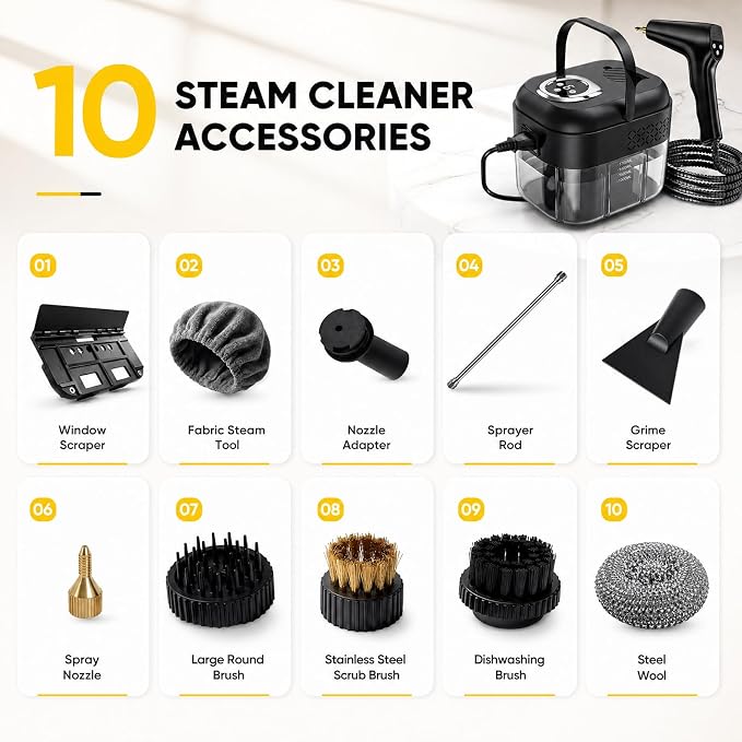 Steam Cleaner for Home: 1.7L Water Tank, Handle High Pressure Steam Cleaner with 6 Level Adjustable Handle, 15s Heat Up, 2500W Portable Steamer for Home, Car Detailing, Dirt, Grease, Grout