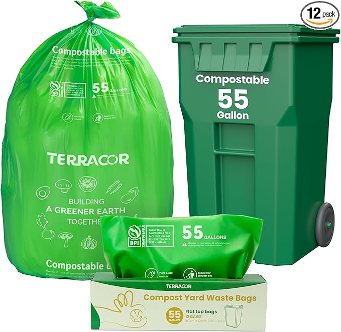 55-60 Gallon Compostable Trash Bags Liners, Heavy Duty Extra Thick 1.57 Mil, 208.2 Liter, 12 Bags, Lawn, Yard, and Restaurant Use, ASTM D6400, US BPI Certified