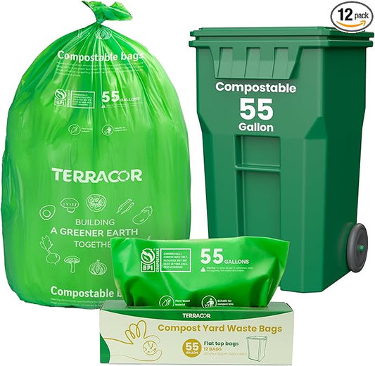 55-60 Gallon Compostable Trash Bags Liners, Heavy Duty Extra Thick 1.57 Mil, 208.2 Liter, 12 Bags, Lawn, Yard, and Restaurant Use, ASTM D6400, US BPI Certified