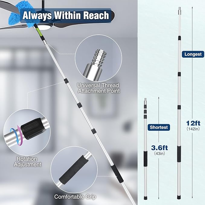 Lineslife Telescoping Pole, 4-12 FT Paint Roller Extension Pole, Multi-Purpose Sturdy Aluminum Alloy with Twist-Lock Design for Windows, Painting, Dusting and Cleaning
