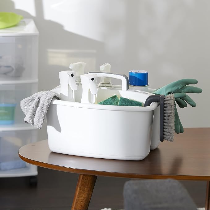 Gracious Living 6 Pack Storage Caddy, 2-Compartment Portable Plastic Tote with Handle for Cleaning Supplies, Craft Organization, & Makeup, White/Gray