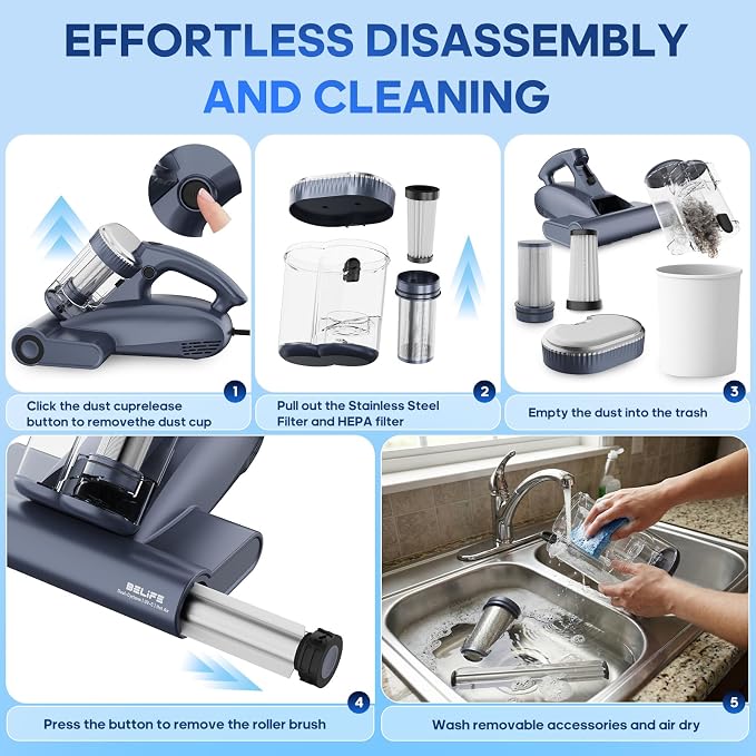 Belife M11 Mattress Vacuum Cleaner, 18Kpa 500W Handheld Bed Vacuum with UV & Hot Air, Dual Cyclone HEPA Filtration High-Frequency Tapping for Deep Cleaning Dust, Pet Hair Sofa Pillows, Corded