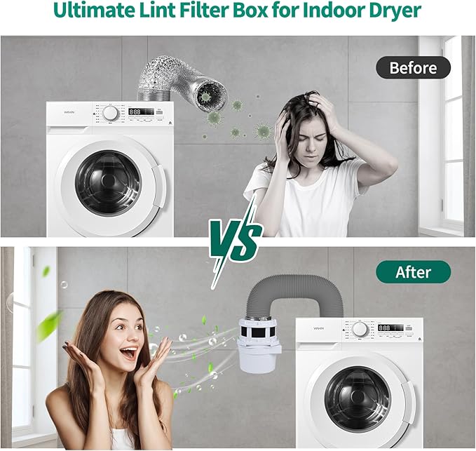 2026 Exclusive 3-in-1 Indoor Dryer Vent Kit - Dryer Lint Catcher Box Water Filter Bucket - Indoor Dryer Lint Trap for Electric Dryer for Apartment (White Dryer Vent Box with Gray Hose)