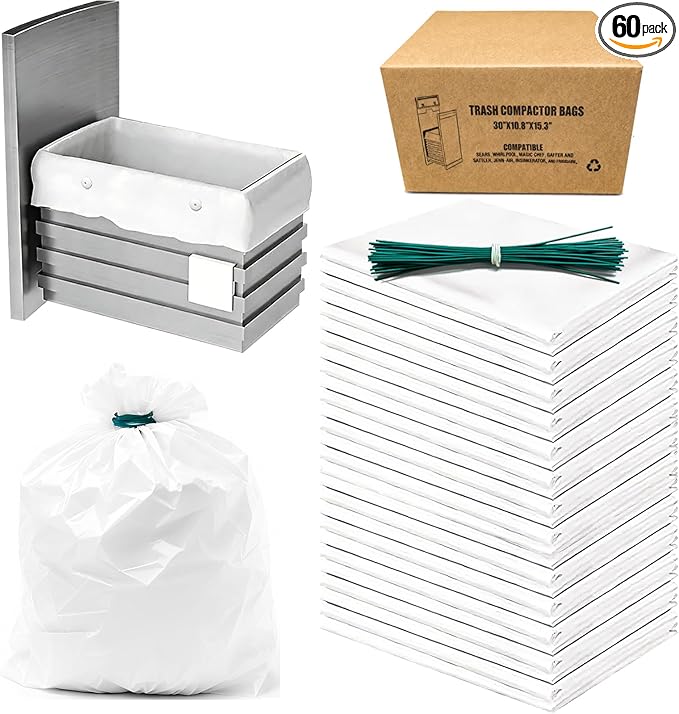 60 Pack Trash Compactor Bags Heavy Duty Compactor Bag for Kitchen Leak Proof 2.6 MIL Thickened Garbage Compactor Bags Fit for 15 inch Drawer Compactors(with Reserved Holes&Ties)
