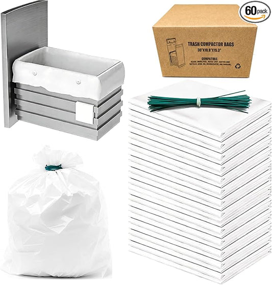 60 Pack Trash Compactor Bags Heavy Duty Compactor Bag for Kitchen Leak Proof 2.6 MIL Thickened Garbage Compactor Bags Fit for 15 inch Drawer Compactors(with Reserved Holes&Ties)