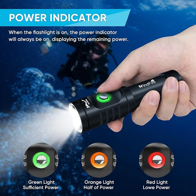 WINDFIRE Dive Light Scuba Diving Flashlight Bright Underwater Flashlight | 3 Modes, Power Indicator, IPX8 Waterproof, Built-in Battery Non-detachable, Long-lasting, Night Diving & Snorkeling