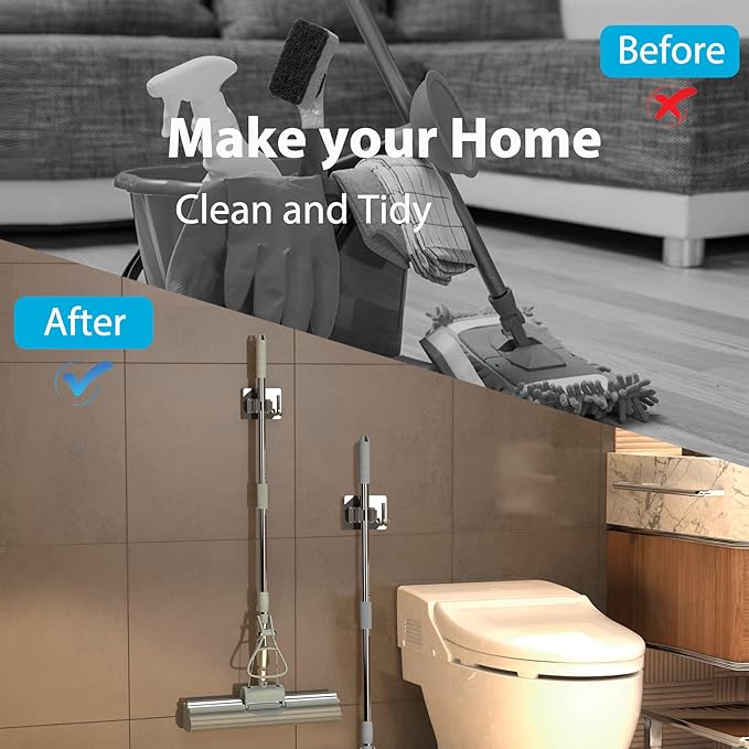 homeasy Mop Broom Holder No Drill, Mop Broom Organizer Wall Mounted Heavy Duty with Hooks Hanger, Self Adhesive Stainless Steel 6Pcs for Bathroom, Kitchen, Office (Silver)
