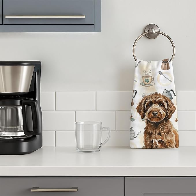 Caroline's Treasures Spanish Water Dog Coffee Bar Kitchen Towel Velour Plush Front and Cotton Loop Back Machine Washable