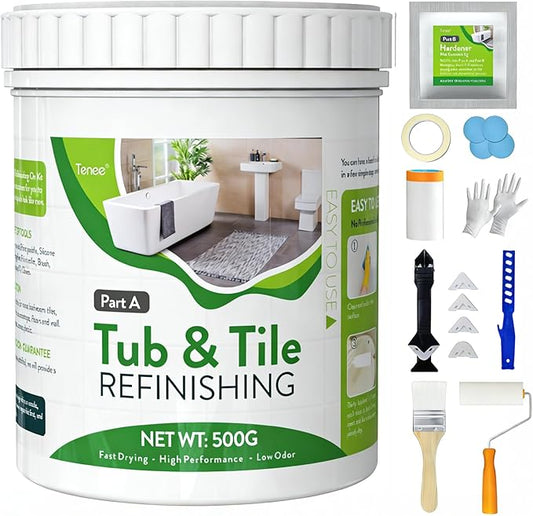 17oz White Tub and Tile Paint, Tub and Tile Refinishing Kit with 8 Tools, Semi-Gloss Bathtub Paint for Bathroom, 25-30sq.ft, Low Odor Bathtub Refinishing Kit for Fiberglass, Sink, Kitchen, Shower