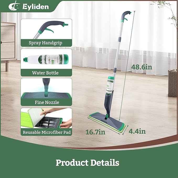 Eyliden Spray Mop with Bio-Enzyme Cleaner, Floor Mop for Hardwood, Tile & All Floors, Breaks Down Grease & Odors Naturally, 360° Swivel, 2 Washable Microfiber Pads, 4x10ml Concentrate Cleaner