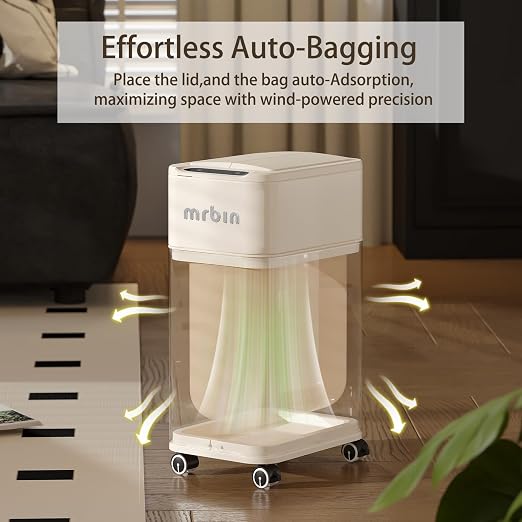 MRBIN Bathroom Metal Adsorption Motion Sensor Trash Can with Butterfly Lid and Wheels, 4 Gallon Kitchen Automatic Waste Garbage Basket for Office, Near Desk, Bedroom, Rv, Cream White