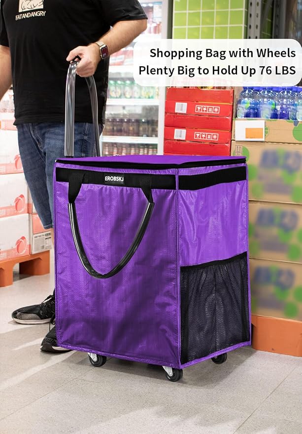 (Medium,Violet) Reusable Grocery Bag on Wheels, 70L Foldable Rolling Tote, Extra Storage for Shopping, Zipper Clouser Shopping Carts for Groceries, Laundry, Camping, Moving, 4 Heavy Duty Wheels