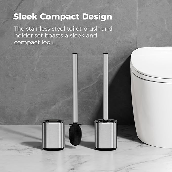 Sineng Silicone Toilet Brush and Holder Set, Stainless Steel Toilet Cleaning Brush, One-Piece Long Handle, Flexible Compact Modern RV Toilet Bowl Brush for Bathroom, 2Pack