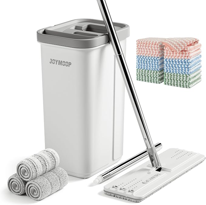 JOYMOOP Hands-Free Mop and Bucket with Wringer Set with Microfiber Cleaning Cloth, Househould Cleaning Tool of Floor Mop and Kitchen Towels