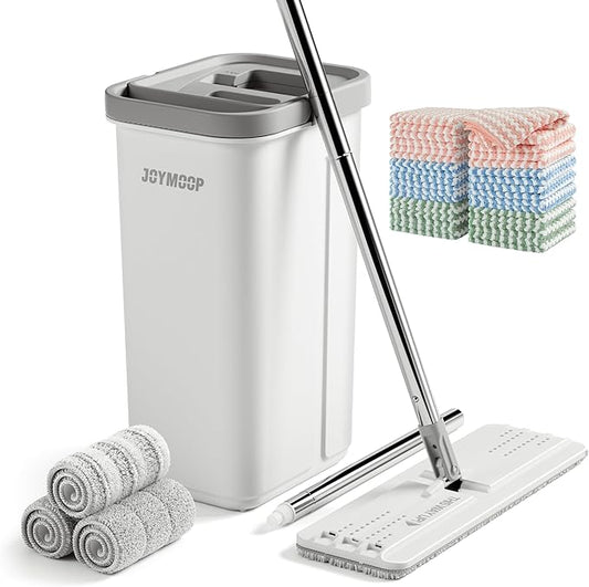 JOYMOOP Hands-Free Mop and Bucket with Wringer Set with Microfiber Cleaning Cloth, Househould Cleaning Tool of Floor Mop and Kitchen Towels