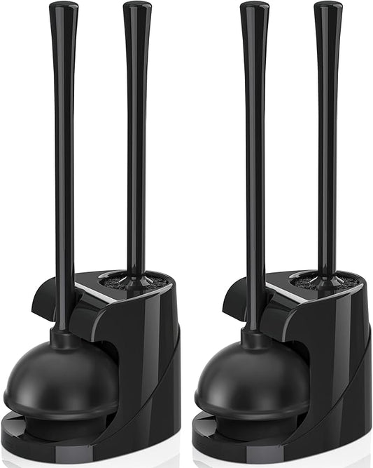 Toilet Plunger and Brush, Bowl Brush and Heavy Duty Toilet Plunger Set with Ventilated Holder, 2-in-1 Bathroom Cleaning Combo with Modern Caddy Stand for 5.7-inch Toilet Drain(Black, 2 Set)