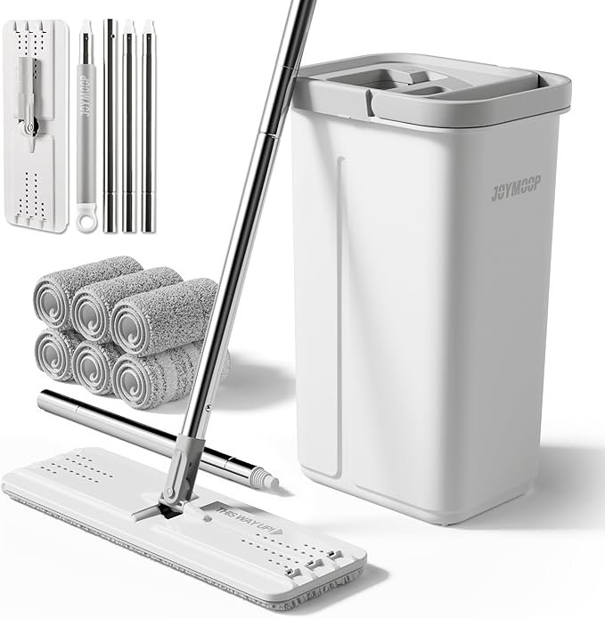 JOYMOOP Mops and Bucket with Wringer Set with 61" Mop Handle with Flexible 13" Flat Head with Flat Mop