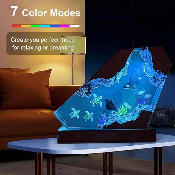 Killer Whale Ocean Resin Lamp, Handmade RGB Ocean Lamp with Wooden Base,Resin Art Lamp for Home Office Decor,Ocean Gifts for Women or Men,Unique Birthday Holiday Gifts for Mom Dad(S 6"X4")