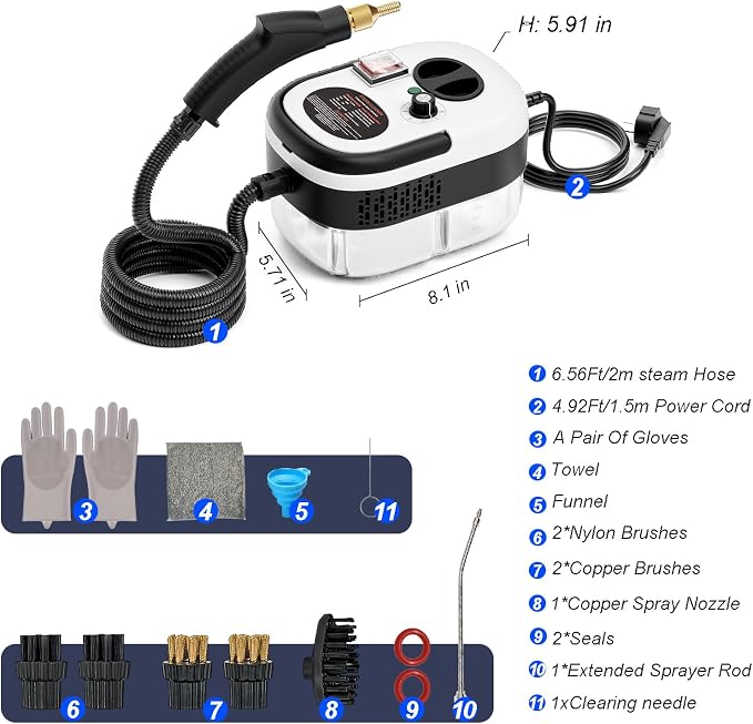 Portable High-Pressure Handheld Steam Cleaner, 14-Piece Accessories, 6 Steam Levels, 15s Heat-Up,chemical-free Cleaning Tile, Grout, Dirt, Grease & Car Detailing(white＆Black)