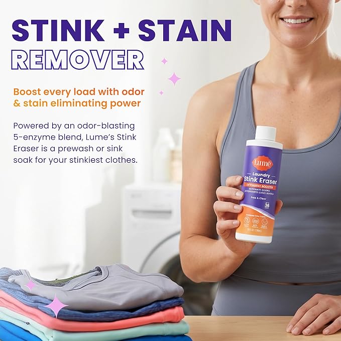 Lume Laundry Stink & Stain Eraser - Detergent Booster & Sink Soak - Eliminates Body Odor In Clothes - Odor Blasting Enzyme Blend - Make Your Detergent Work Better - Free & Clear - 8 fl oz (2 Pack)