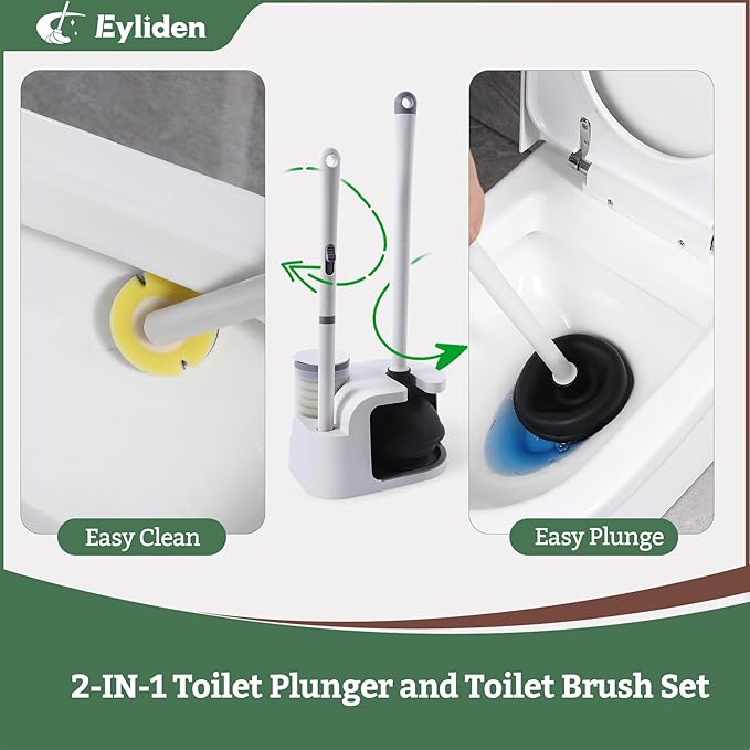 Eyliden Toilet Brush and Plunger Combo Set | 2-in-1 Disposable Toilet Bowl Wand Kit with 10 Refill Heads, Toilet Plunger, Compact Storage Holder | Bathroom Cleaning System for Home, White