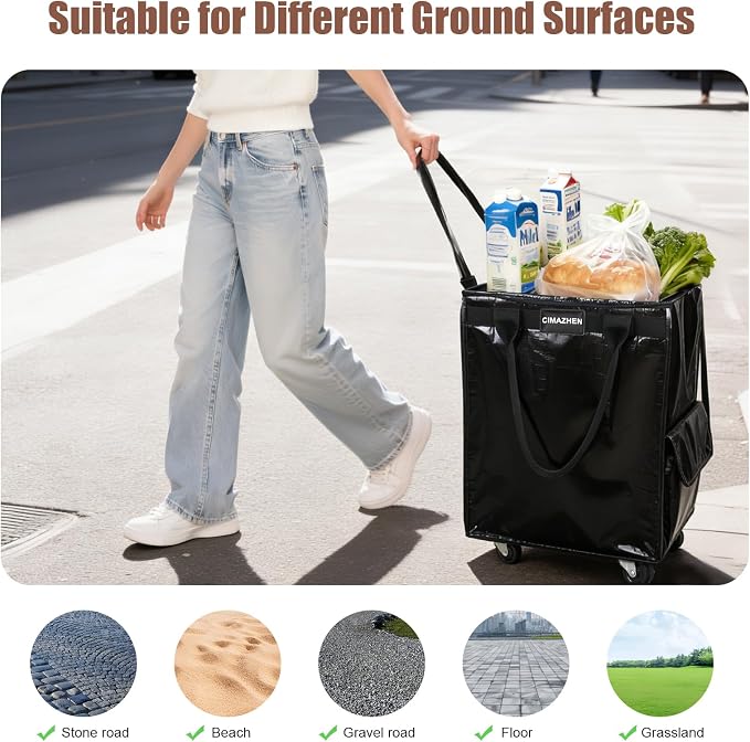 (Medium,Black) Reusable Grocery Bag on 4 Wheels, 70L Foldable Rolling Tote Bag with 3 Handles and Zipper, Rolling Shopping Cart for Groceries, Storage, Laundry, Travel, Organizer, 76lb