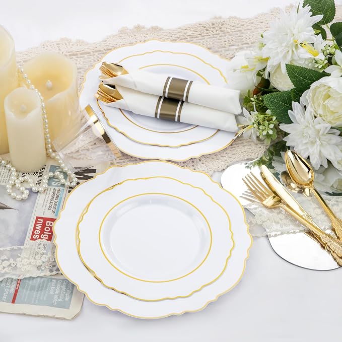 Liacere 350PCS Gold Plastic Plates-Disposable White and Gold Plates 50guest Baroque Plastic Dinnerware include 100Plates, 50Pack Pre Rolled Napkins with Silverware 50Cups for Wedding & Party