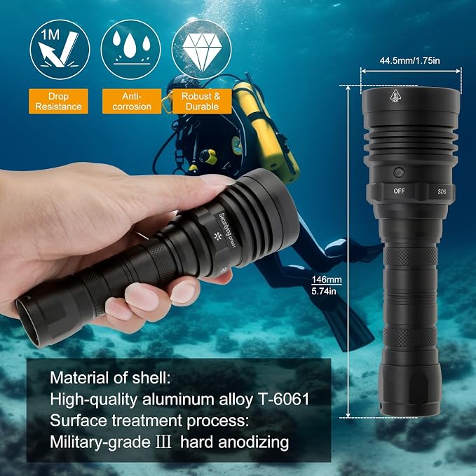 1800LM Dive Light Scuba Diving Flashlight,Super Bright Rechargeable Diving Flashlight With Magnetic Switch, 5 Modes Waterproof Underwater Light (100m/330ft) for Night Diving Underwater Photography