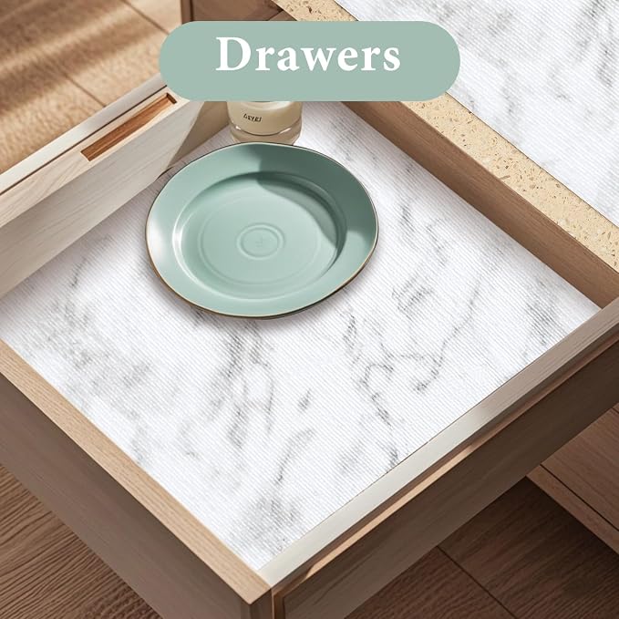 2-Layer Drawer and Shelf Liner for Kitchen Cabinet: 35.4 in X 19.69 Ft Non Slip Waterproof Shelf Paper Non Adhesive Refrigerator Liners White Marble Easy Liners for Bathroom with Knife Tape Measure