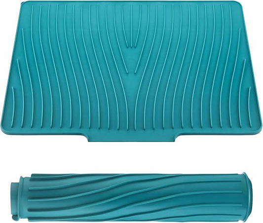 Teenyyou Extra Large Silicone Dish Drying Mat For Kitchen Counter Drying Pad 23.6 x 19 Inch Rubber Dish Drainer Mat with Drain Lip for Sink Drawer Liner (Blue)