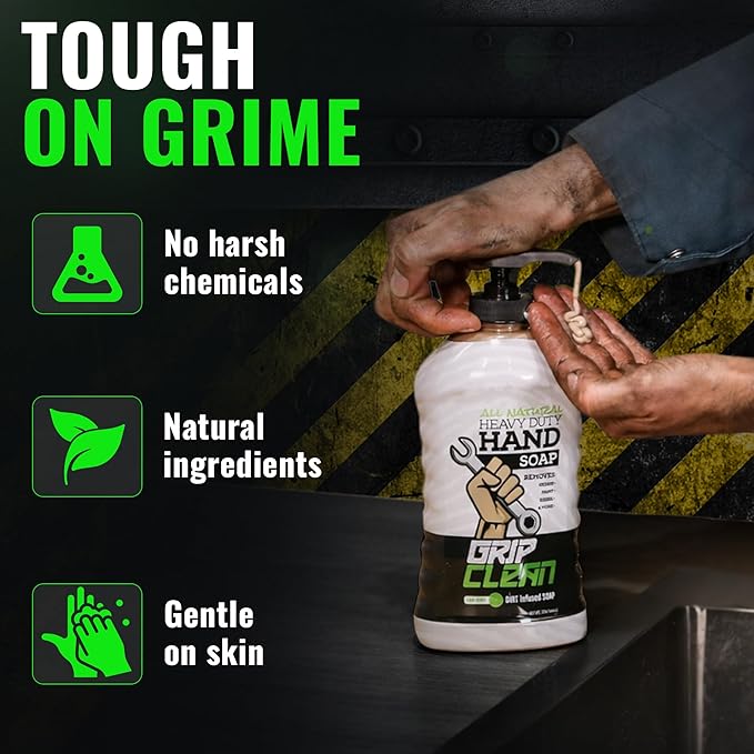 Grip Clean Heavy-Duty Hand Cleaner for Mechanics with Nail Brush - Moisturizing Coconut Oil Hand Cleaner Liquid Hand Soap with Stiff Bristle Nail Brush, Lime Scent - 32 Fl Oz Pump Top + Brush
