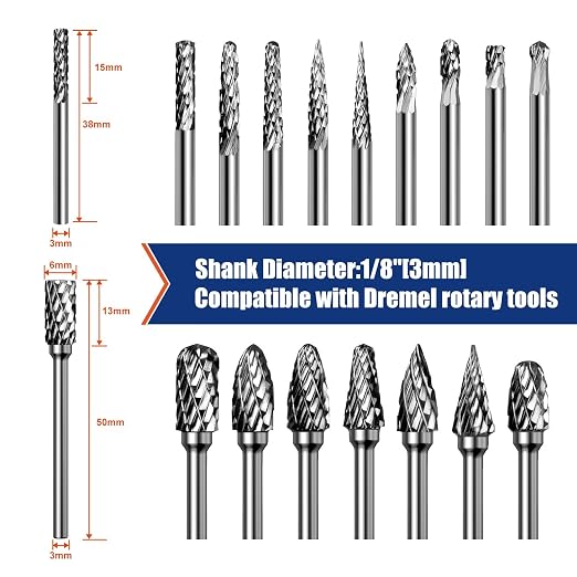 20Pcs Carbide Burr Bits Set Compatible with Dremel Milwaukee 1/8", Rotary Tool Bits with Double-Cut Design, Die Grinder Bits Accessories for Metal Wood Stone Steel Plastic Carving Cutting Grinding