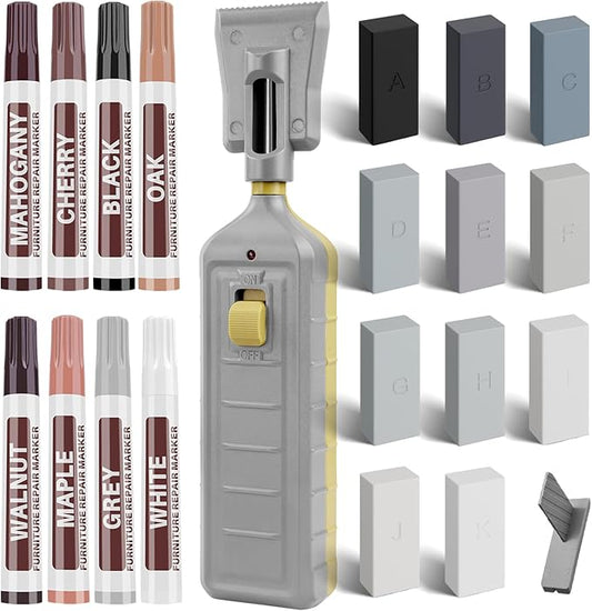 Laminate Floor Repair Kit, Floor Repair Kit with Heat Pen, 11 Colors Wax Blocks and 8 Colors Furniture Touch Up Markers, Vinyl Floor Repair Kit Restoration for Cracks, Dents, Holes, Scratches