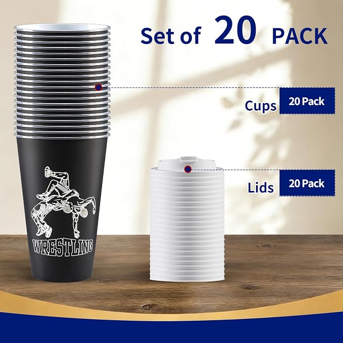 Free Hugs Wrestling Birthday Supplies, 20pcs Disposable Plastic Cups 16 Oz Drinking Cup with Lid, Dad Husband Boyfriend Uncle Funny Wrestling Party Decoration for Cold Drinks (wrestling)