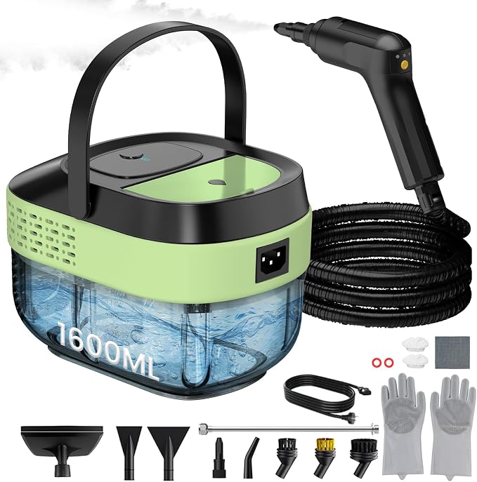 Pressurized Steam Cleaner 1.6L, 3-Level Adjustable Steamer for Cleaning, 10s Heat-Up, 2500W Handheld Steamer Cleaner for Home, Car, Kitchen, Floor, Multi-Surface Cleaning Machine (Black & Green)